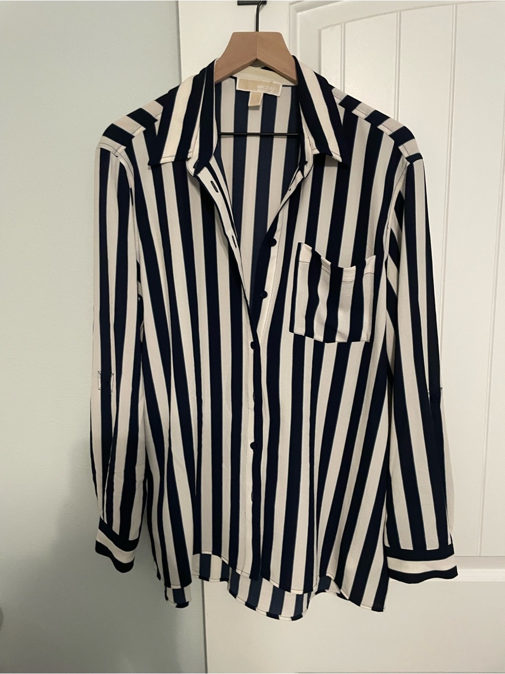 MICHAEL Michael Kors Navy and White Striped Button-Front Top